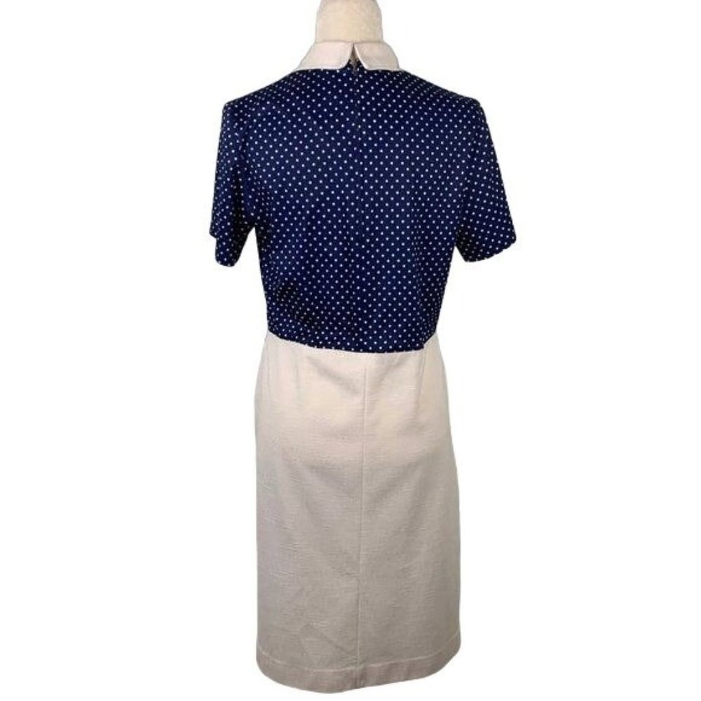 Vintage Polka Dot Linen Blend Dress M Blue White Zip V Neck Collar Rockabilly - Picture 7 of 7